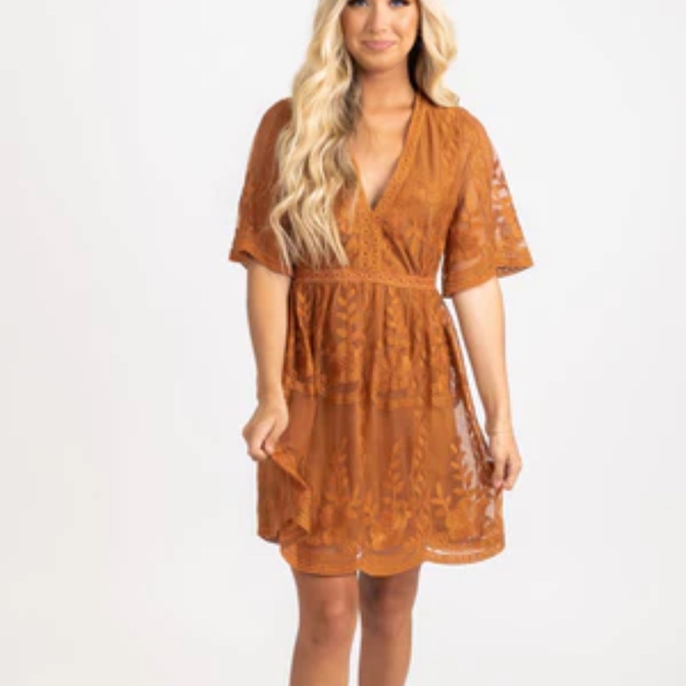 Burnt Orange Lace Dress by Haute Monde